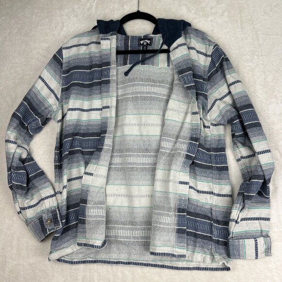 Billabong Hooded Button Shirt Men's XL Black Blue Hoodie Long Sleeve Striped - Picture 1 of 8